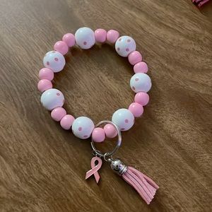 Pink & White Polka Dot Breast Cancer Awareness Beaded Wristlet Keychain